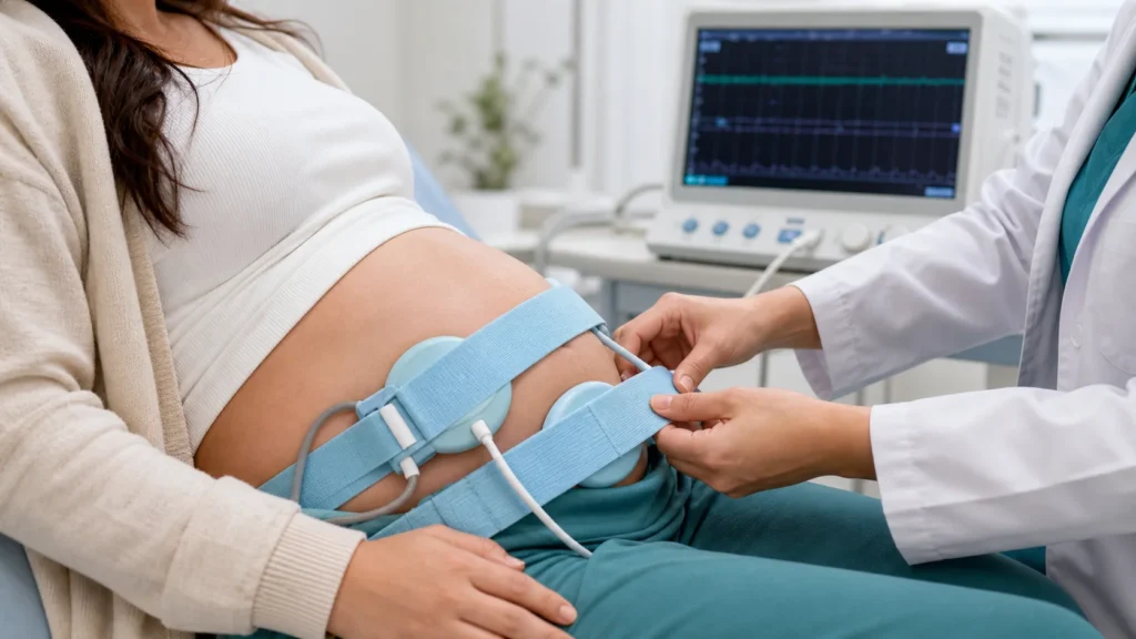 Gestante em monitorização obstétrica para avaliação de contrações sem identificação de paciente