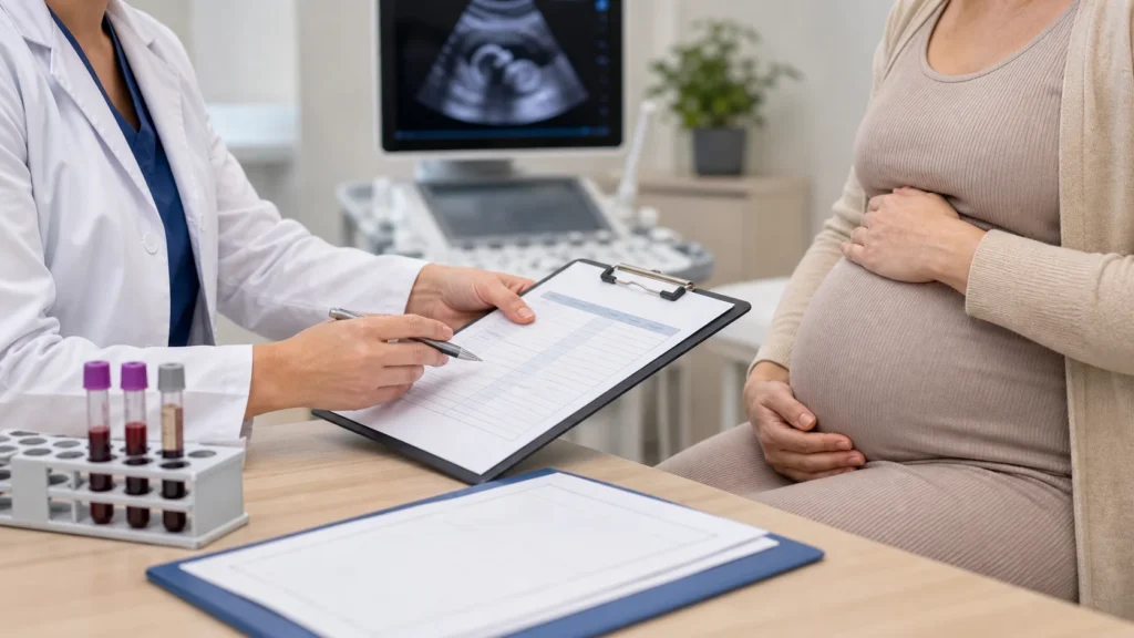Consulta pré-natal com revisão de exames de TSH na gravidez sem identificação da paciente