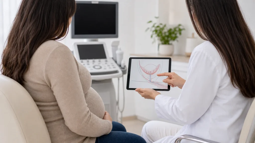 Consulta de medicina fetal sobre vasa previa com diagrama abstrato sem dados identificaveis