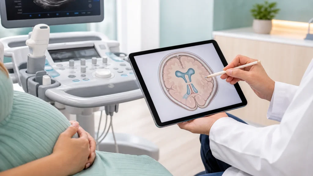 Consulta de medicina fetal com diagrama educativo de ventriculomegalia fetal sem dados identificaveis