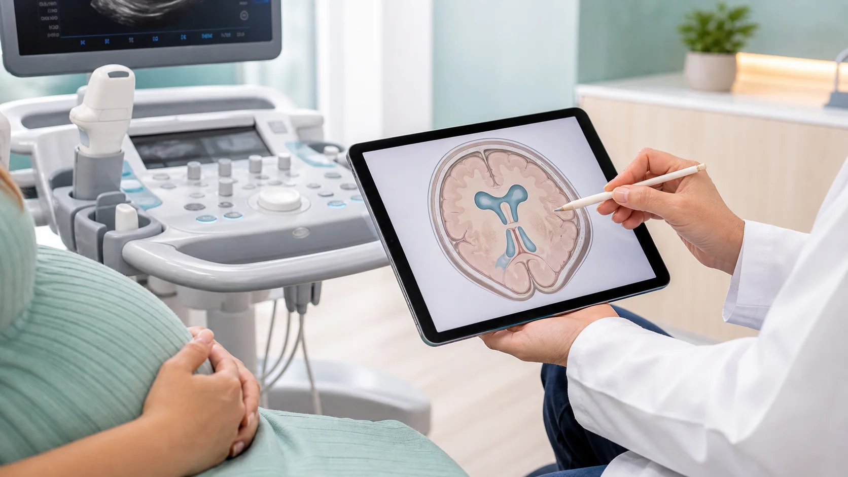 Consulta de medicina fetal com diagrama educativo de ventriculomegalia fetal sem dados identificaveis