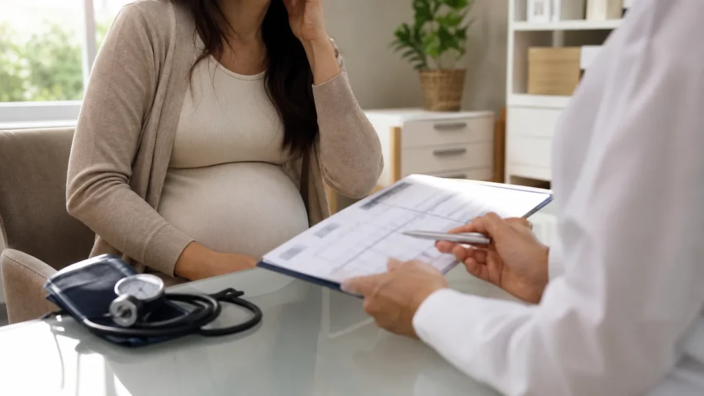 Consulta prenatal sobre visão turva na gravidez com gestante e pressão arterial sem identificação de paciente