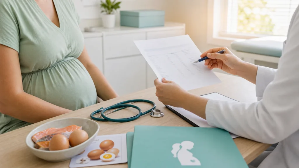 Consulta pré-natal com revisão de exame de vitamina D na gravidez sem identificação da paciente