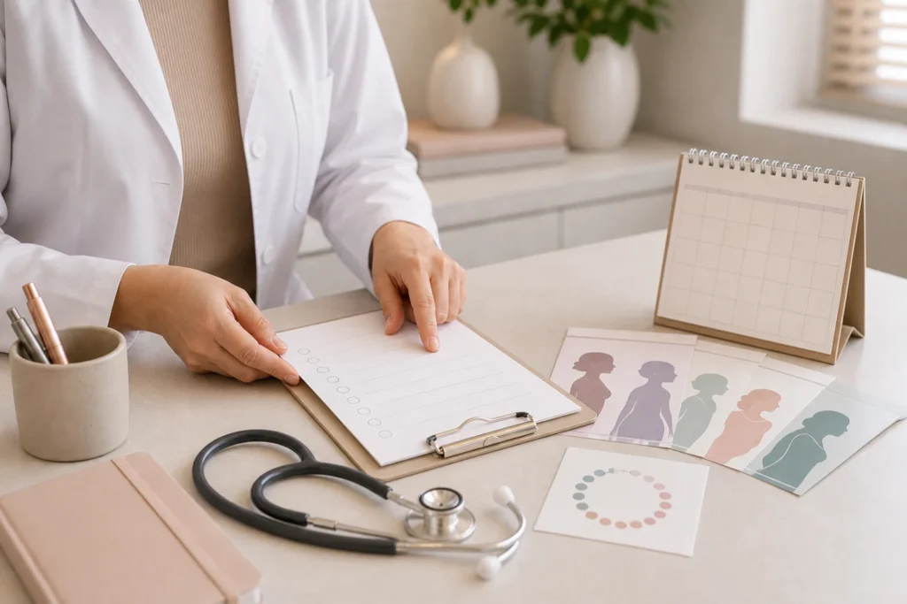 Consulta de saúde da mulher com materiais preventivos, sem identificação de paciente